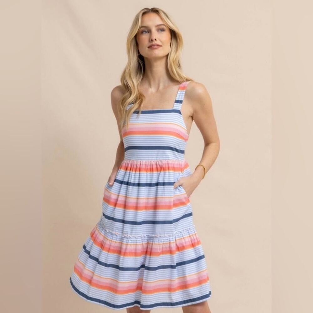 Southern Tide “Linsey Set Sail Stripe” Square Cotton Sleeveless Dress- Medium